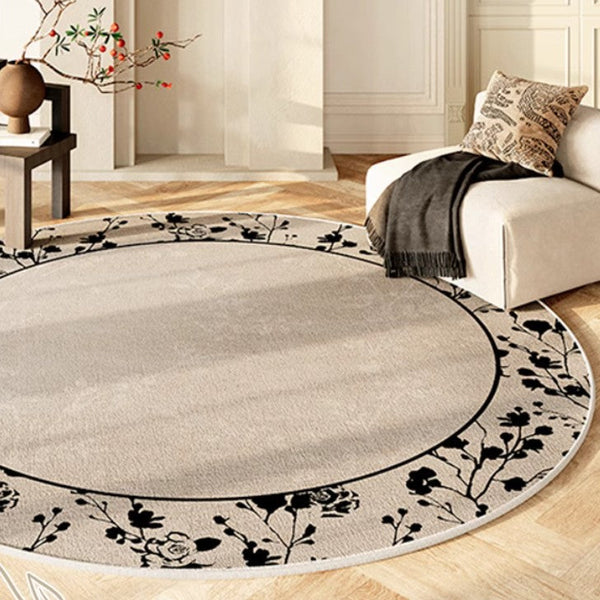 Flower Pattern Round Carpets under Coffee Table, Contemporary Round Rugs for Dining Room, Circular Modern Rugs for Living Room, Modern Area Rugs for Bedroom-HomePaintingDecor