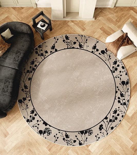 Flower Pattern Round Carpets under Coffee Table, Contemporary Round Rugs for Dining Room, Circular Modern Rugs for Living Room, Modern Area Rugs for Bedroom-HomePaintingDecor