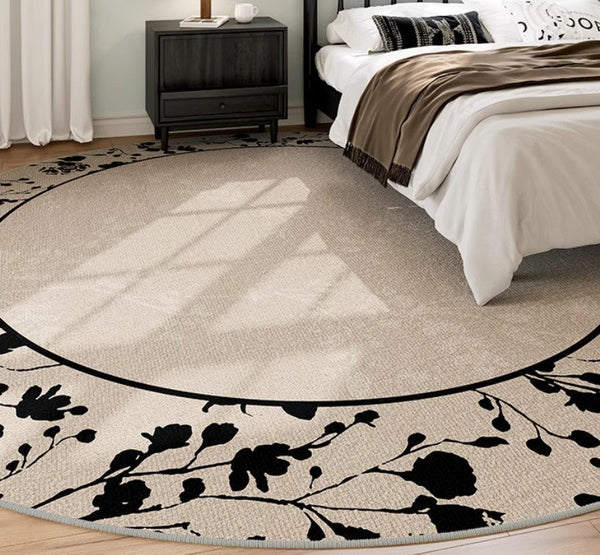 Flower Pattern Round Carpets under Coffee Table, Contemporary Round Rugs for Dining Room, Circular Modern Rugs for Living Room, Modern Area Rugs for Bedroom-HomePaintingDecor