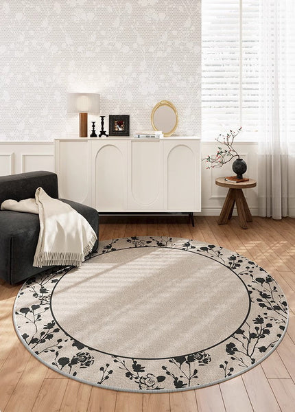 Flower Pattern Round Carpets under Coffee Table, Contemporary Round Rugs for Dining Room, Circular Modern Rugs for Living Room, Modern Area Rugs for Bedroom-HomePaintingDecor