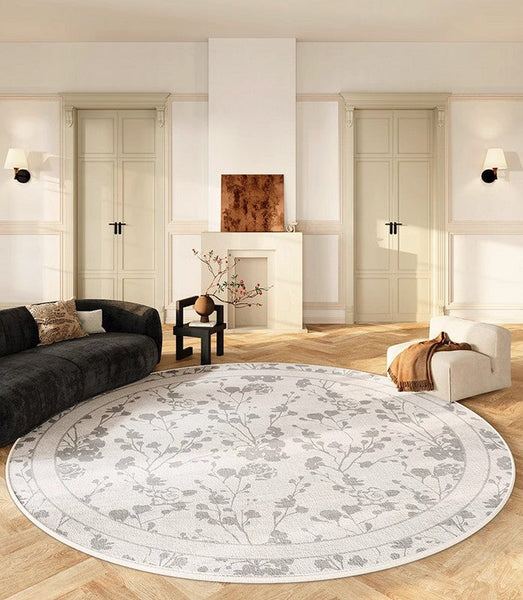 Modern Area Rugs for Bedroom, Flower Pattern Round Carpets under Coffee Table, Contemporary Round Rugs for Dining Room, Circular Modern Rugs for Living Room-HomePaintingDecor