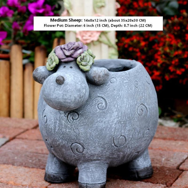 Lovely Sheep Statue for Garden, Sheep Flower Pot, Animal Statue for Garden Courtyard Ornament, Villa Outdoor Decor Gardening Ideas-HomePaintingDecor