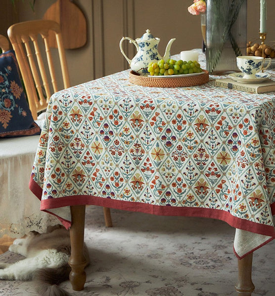 Large Rectangle Tablecloth for Home Decoration, Square Tablecloth for Round Table, Farmhouse Table Cloth Dining Room Table, Flower Pattern Tablecloth-HomePaintingDecor