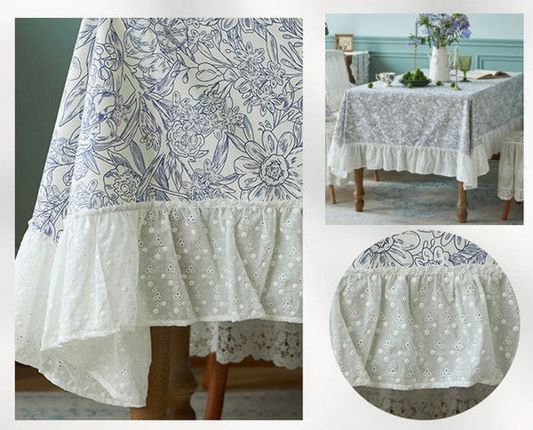 Cotton Rectangle Tablecloth for Dining Room Table, Natural Spring Farmhouse Table Cloth, Blue Flower Pattern Cotton Tablecloth, Square Tablecloth for Round Table-HomePaintingDecor