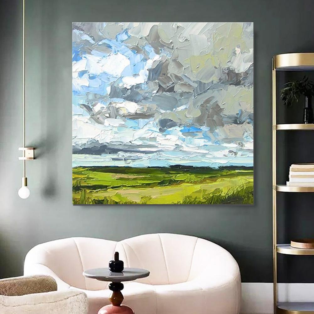 Large Acrylic Paintings for Bedroom, Heavy Texture Canvas Art, Abstract Landscape Painting, Grass Land under Sky Painting, Landscape Paintings for Living Room-HomePaintingDecor