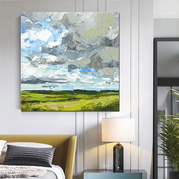 Large Acrylic Paintings for Bedroom, Heavy Texture Canvas Art, Abstract Landscape Painting, Grass Land under Sky Painting, Landscape Paintings for Living Room-HomePaintingDecor