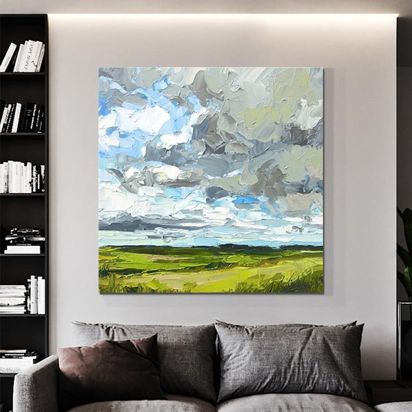 Large Acrylic Paintings for Bedroom, Heavy Texture Canvas Art, Abstract Landscape Painting, Grass Land under Sky Painting, Landscape Paintings for Living Room-HomePaintingDecor