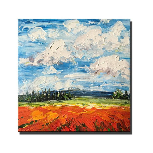 Abstract Landscape Painting, Landscape Paintings for Living Room, Red Poppy Field and Sky, Large Landscape Painting for Dining Room, Heavy Texture Painting-HomePaintingDecor