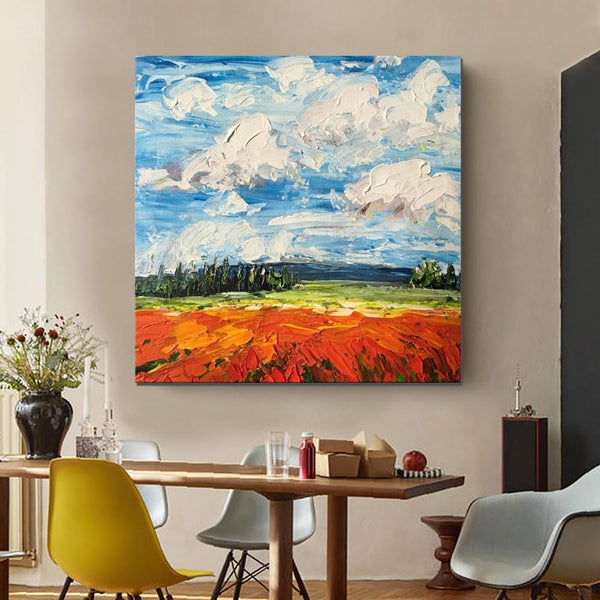 Abstract Landscape Painting, Landscape Paintings for Living Room, Red Poppy Field and Sky, Large Landscape Painting for Dining Room, Heavy Texture Painting-HomePaintingDecor