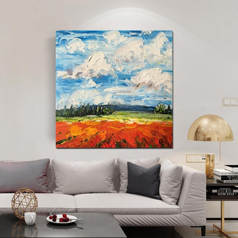 Abstract Landscape Painting, Landscape Paintings for Living Room, Red Poppy Field and Sky, Large Landscape Painting for Dining Room, Heavy Texture Painting-HomePaintingDecor