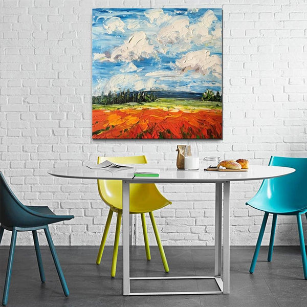 Abstract Landscape Painting, Landscape Paintings for Living Room, Red Poppy Field and Sky, Large Landscape Painting for Dining Room, Heavy Texture Painting-HomePaintingDecor