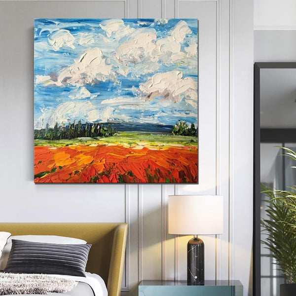 Abstract Landscape Painting, Landscape Paintings for Living Room, Red Poppy Field and Sky, Large Landscape Painting for Dining Room, Heavy Texture Painting-HomePaintingDecor