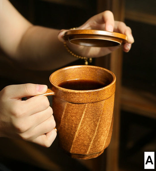 Unique Tea Cup, Large Capacity Coffee Mug with Cover, Large Modern Handmade Pottery Coffee Cup, Creative Brown Green Blue Black Ceramic Coffee Mugs-HomePaintingDecor