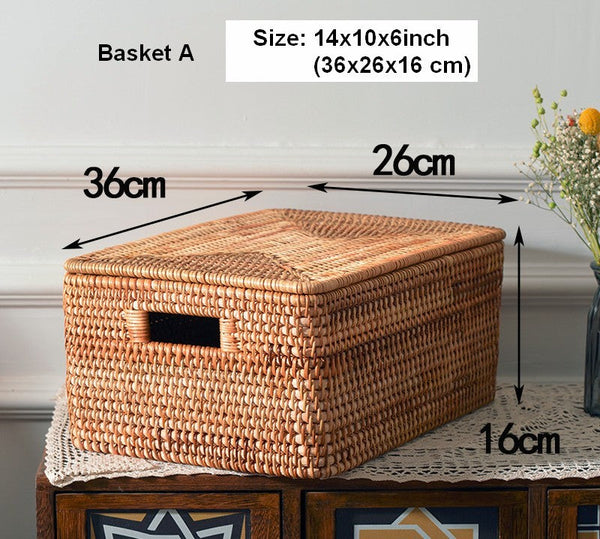 Square Storage Basket with Lid, Extra Large Storage Baskets for Clothes, Rattan Storage Basket for Shelves, Oversized Storage Baskets for Kitchen-HomePaintingDecor