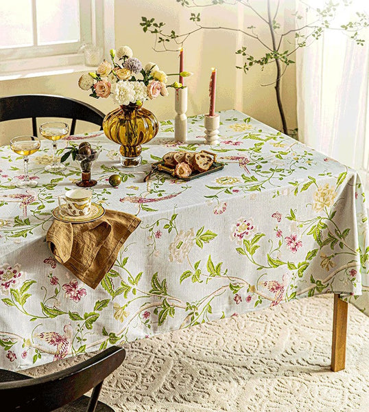 Singing Bird Tablecloth for Round Table, Kitchen Table Cover, Flower Table Cover for Dining Room Table, Modern Rectangle Tablecloth Ideas for Oval Table-HomePaintingDecor