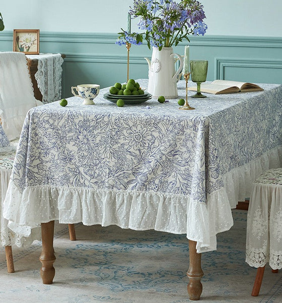 Cotton Rectangle Tablecloth for Dining Room Table, Natural Spring Farmhouse Table Cloth, Blue Flower Pattern Cotton Tablecloth, Square Tablecloth for Round Table-HomePaintingDecor