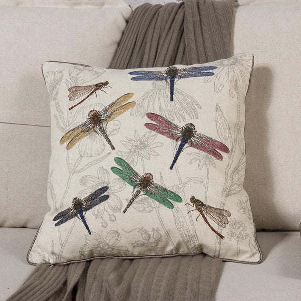 Dragonfly and Flower Cotton and linen Pillow Cover, Embroider Decorative Throw Pillow, Decorative Pillows for Car, Flower Decorative Pillows-HomePaintingDecor