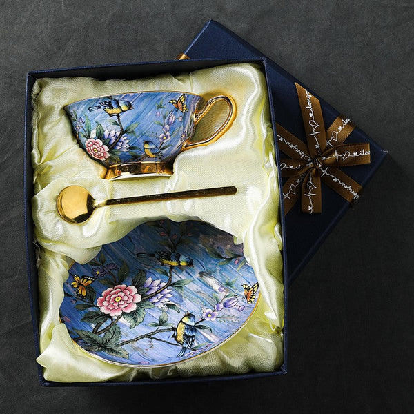 Unique British Tea Cup and Saucer in Gift Box, Blue Bird and Butterfly Bone China Porcelain Tea Cup Set, Elegant British Ceramic Coffee Cups-HomePaintingDecor