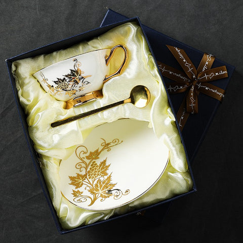 Golden Leaves and Grapes Bone China Porcelain Tea Cup Set, Unique British Tea Cup and Saucer in Gift Box, Elegant British Ceramic Coffee Cups-HomePaintingDecor