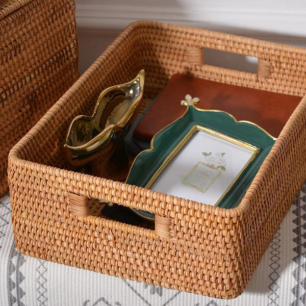 Rectangular Storage Basket with Lid, Rattan Basket, Storage Basket for Shelves, Storage Baskets for Bathroom, Bedroom Storage Baskets-HomePaintingDecor