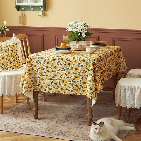 Modern Rectangle Tablecloth for Dining Room Table, Yellow Sunflower Pattern Farmhouse Table Cloth, Square Tablecloth for Round Table-HomePaintingDecor