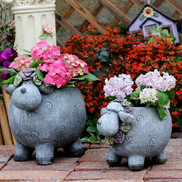 Lovely Sheep Statue for Garden, Sheep Flower Pot, Animal Statue for Garden Courtyard Ornament, Villa Outdoor Decor Gardening Ideas-HomePaintingDecor