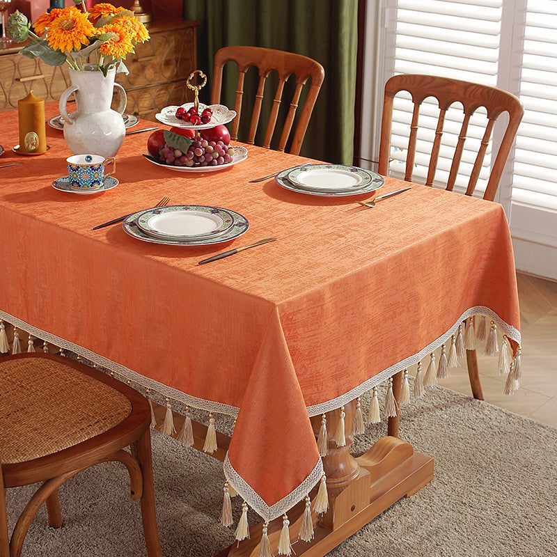 Modern Rectangle Tablecloth, Large Simple Table Cover for Dining Room Table, Orange Fringes Tablecloth for Home Decoration, Square Tablecloth for Round Table-HomePaintingDecor