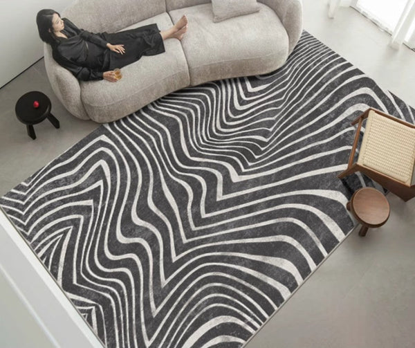 Mid Century Area Rugs for Living Room, Black Stripe Area Rugs under Sofa, Abstract Contemporary Rugs for Bedroom, Modern Carpets for Office, Dining Room Floor Rugs-HomePaintingDecor