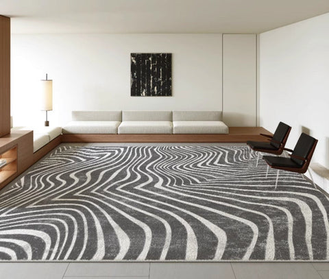 Abstract Contemporary Rugs for Bedroom, Black Stripe Area Rugs under Sofa, Mid Century Area Rugs for Living Room, Modern Carpets for Office, Dining Room Floor Rugs-HomePaintingDecor