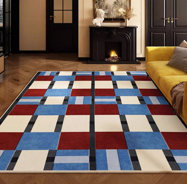 Dining Room Floor Carpets, Geometric Modern Rugs for Dining Room, Mid Century Modern Living Room Rugs, Blue Contemporary Area Rugs for Bedroom-HomePaintingDecor