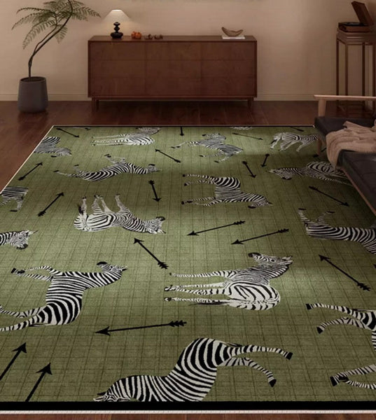 Large Contemporary Floor Carpets, Living Room Modern Area Rugs, Mid Century Zebra Green Rugs in Bedroom, Dining Room Modern Rugs-HomePaintingDecor