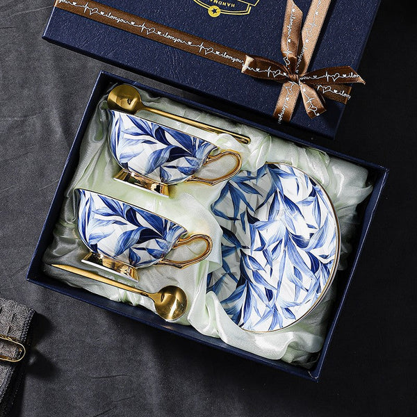 Blue Bone China Porcelain Tea Cup Set, Elegant British Ceramic Coffee Cups, Unique British Tea Cup and Saucer in Gift Box-HomePaintingDecor