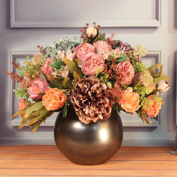 Large Bunch of Autumn Flowers Arrangement Interior Design, Unique Artificial Floral Arrangement for Dining Room, Peony Faux Silk Floral Bouquet Table Centerpiece-HomePaintingDecor