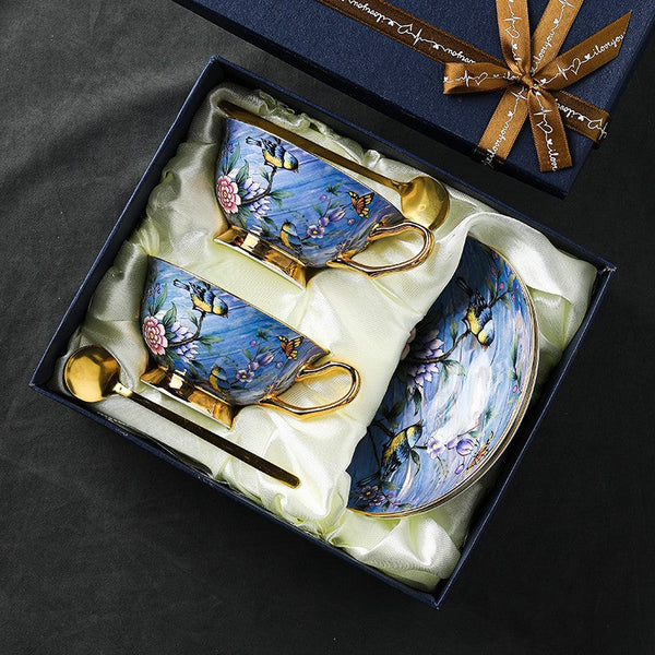 Unique British Tea Cup and Saucer in Gift Box, Blue Bird and Butterfly Bone China Porcelain Tea Cup Set, Elegant British Ceramic Coffee Cups-HomePaintingDecor