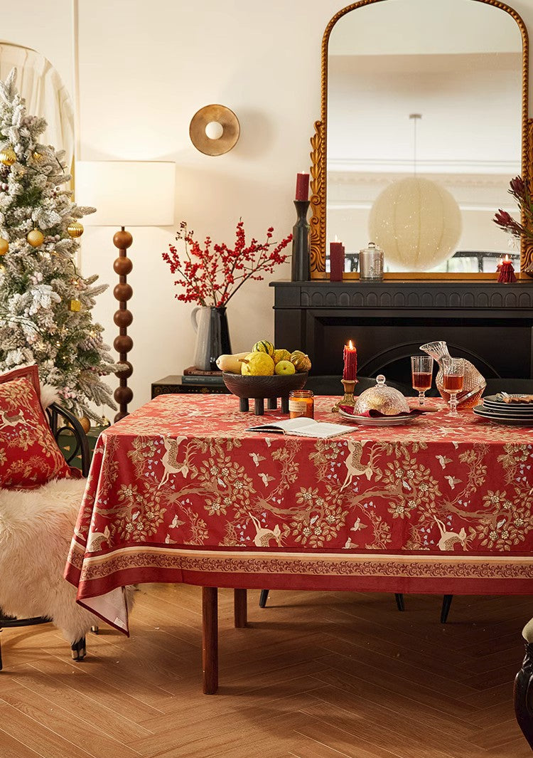 Long Modern Rectangular Tablecloth for Dining Room Table, Forest Deer Red Table Covers, Square Tablecloth for Kitchen, Extra Large Tablecloth for Round Table-HomePaintingDecor