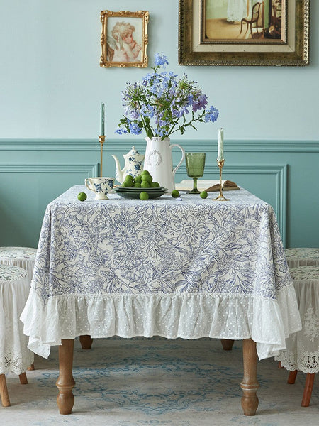 Cotton Rectangle Tablecloth for Dining Room Table, Natural Spring Farmhouse Table Cloth, Blue Flower Pattern Cotton Tablecloth, Square Tablecloth for Round Table-HomePaintingDecor