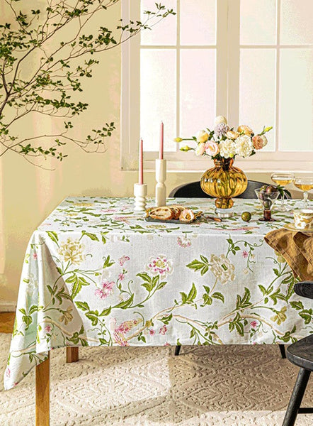 Singing Bird Tablecloth for Round Table, Kitchen Table Cover, Flower Table Cover for Dining Room Table, Modern Rectangle Tablecloth Ideas for Oval Table-HomePaintingDecor