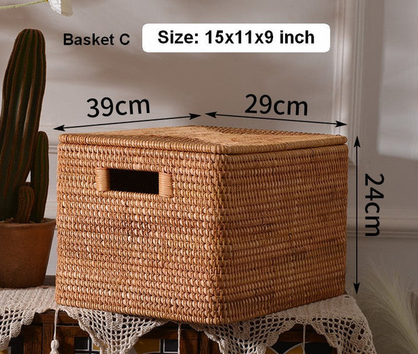 Extra Large Storage Baskets for Clothes, Oversized Rectangular Storage Basket with Lid, Wicker Rattan Storage Basket for Shelves, Storage Baskets for Bedroom-HomePaintingDecor