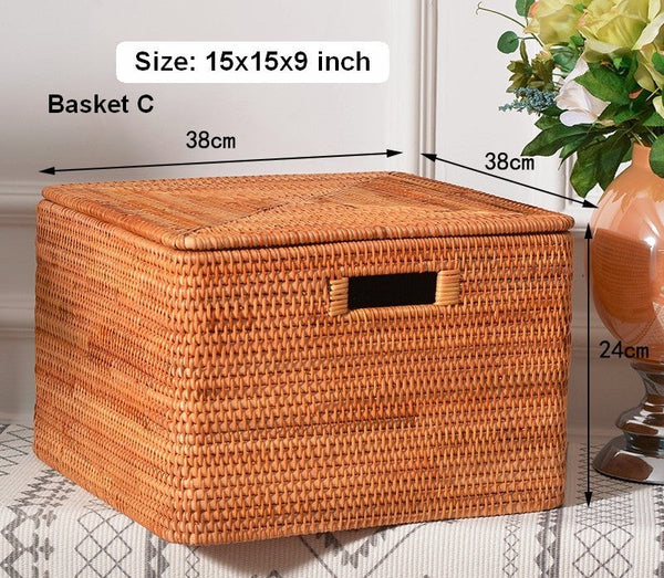 Square Storage Basket with Lid, Extra Large Storage Baskets for Clothes, Rattan Storage Basket for Shelves, Oversized Storage Baskets for Kitchen-HomePaintingDecor