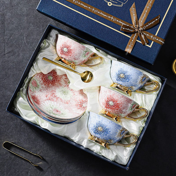 Unique Tea Cups and Saucers in Gift Box, Blue and Pink Beautiful British Tea Cups, Elegant Ceramic Coffee Cups, Creative Bone China Porcelain Tea Cup Set-HomePaintingDecor