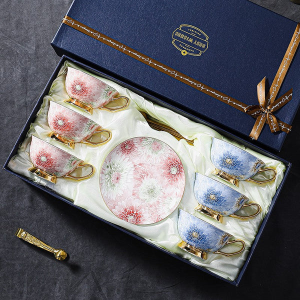 Unique Tea Cups and Saucers in Gift Box, Blue and Pink Beautiful British Tea Cups, Elegant Ceramic Coffee Cups, Creative Bone China Porcelain Tea Cup Set-HomePaintingDecor