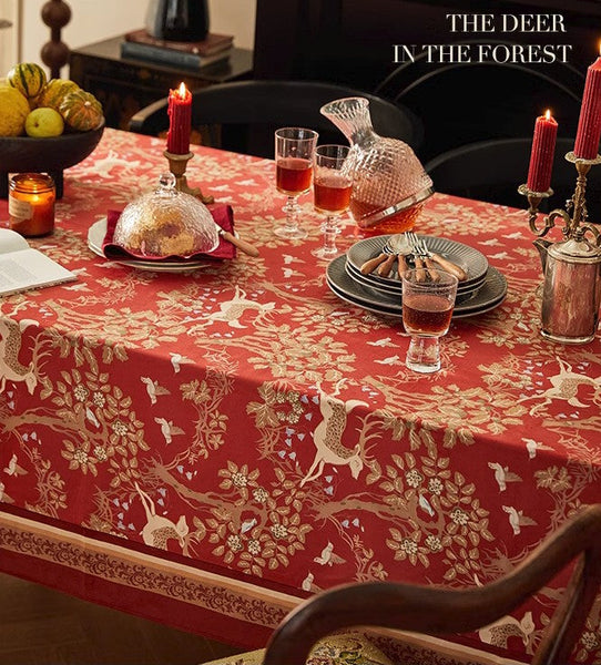 Forest Deer Red Table Covers, Square Tablecloth for Kitchen, Long Modern Rectangular Tablecloth for Dining Room Table, Extra Large Tablecloth for Round Table-HomePaintingDecor