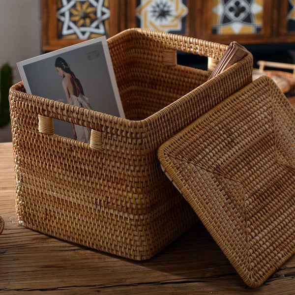 Oversized Rectangular Storage Basket with Lid, Woven Rattan Storage Basket for Shelves, Storage Baskets for Bedroom, Extra Large Storage Baskets for Clothes-HomePaintingDecor