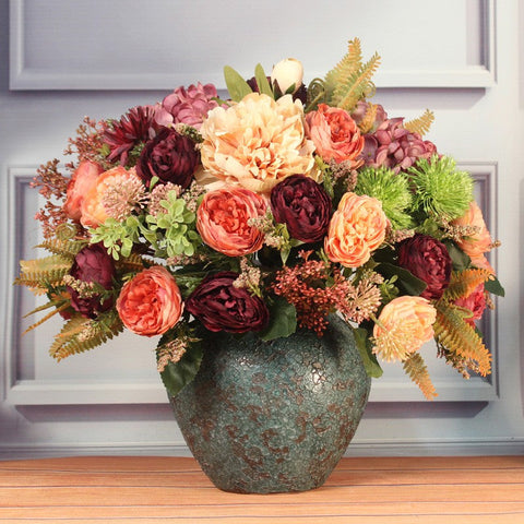 Amazing Artificial Floral Arrangement for Dining Room, Large Bunch of Autumn Flowers Arrangement, Peony Faux Silk Floral Bouquet Table Centerpiece-HomePaintingDecor