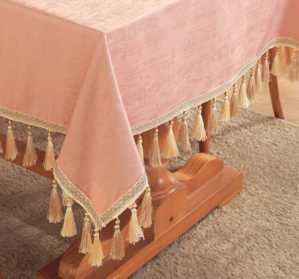 Pink Fringes Tablecloth for Home Decoration, Modern Rectangle Tablecloth, Large Simple Table Cover for Dining Room Table, Square Tablecloth for Round Table-HomePaintingDecor