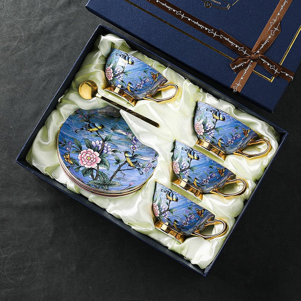 Blue Bird and Butterfly Bone China Porcelain Tea Cup Set, Unique British Tea Cup and Saucer in Gift Box, Elegant British Ceramic Coffee Cups-HomePaintingDecor