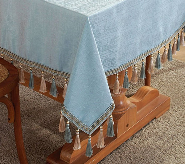 Light Blue Fringes Tablecloth for Home Decoration, Square Tablecloth for Round Table, Modern Rectangle Tablecloth, Large Simple Table Cloth for Dining Room Table-HomePaintingDecor