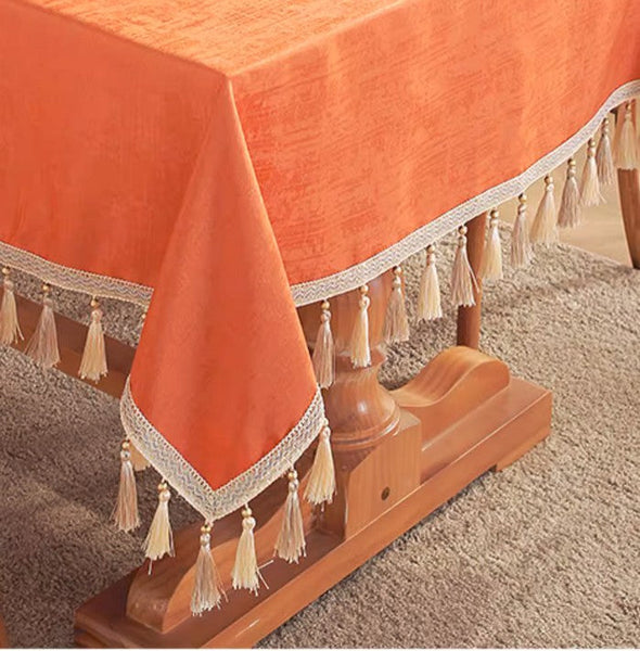 Modern Rectangle Tablecloth, Large Simple Table Cover for Dining Room Table, Orange Fringes Tablecloth for Home Decoration, Square Tablecloth for Round Table-HomePaintingDecor