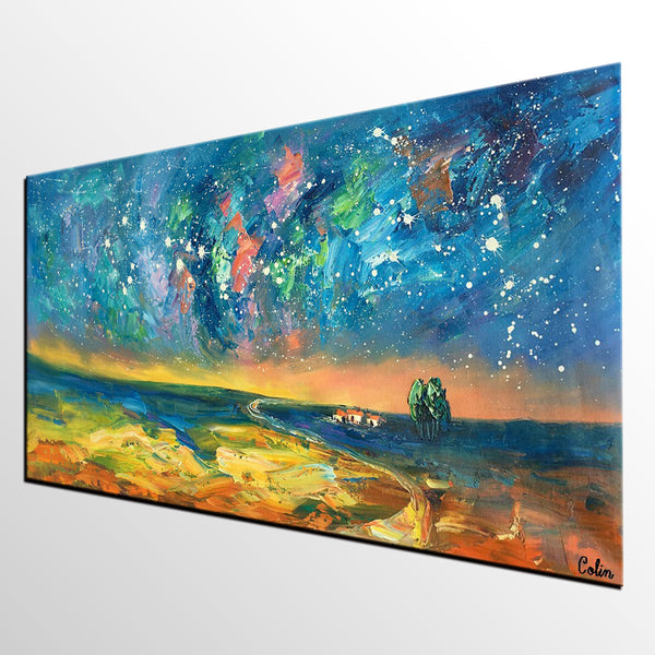 Abstract Landscape Paintings, Starry Night Sky Oil Painting, Landscape Canvas Paintings, Custom Original Oil Painting on Canvas-HomePaintingDecor