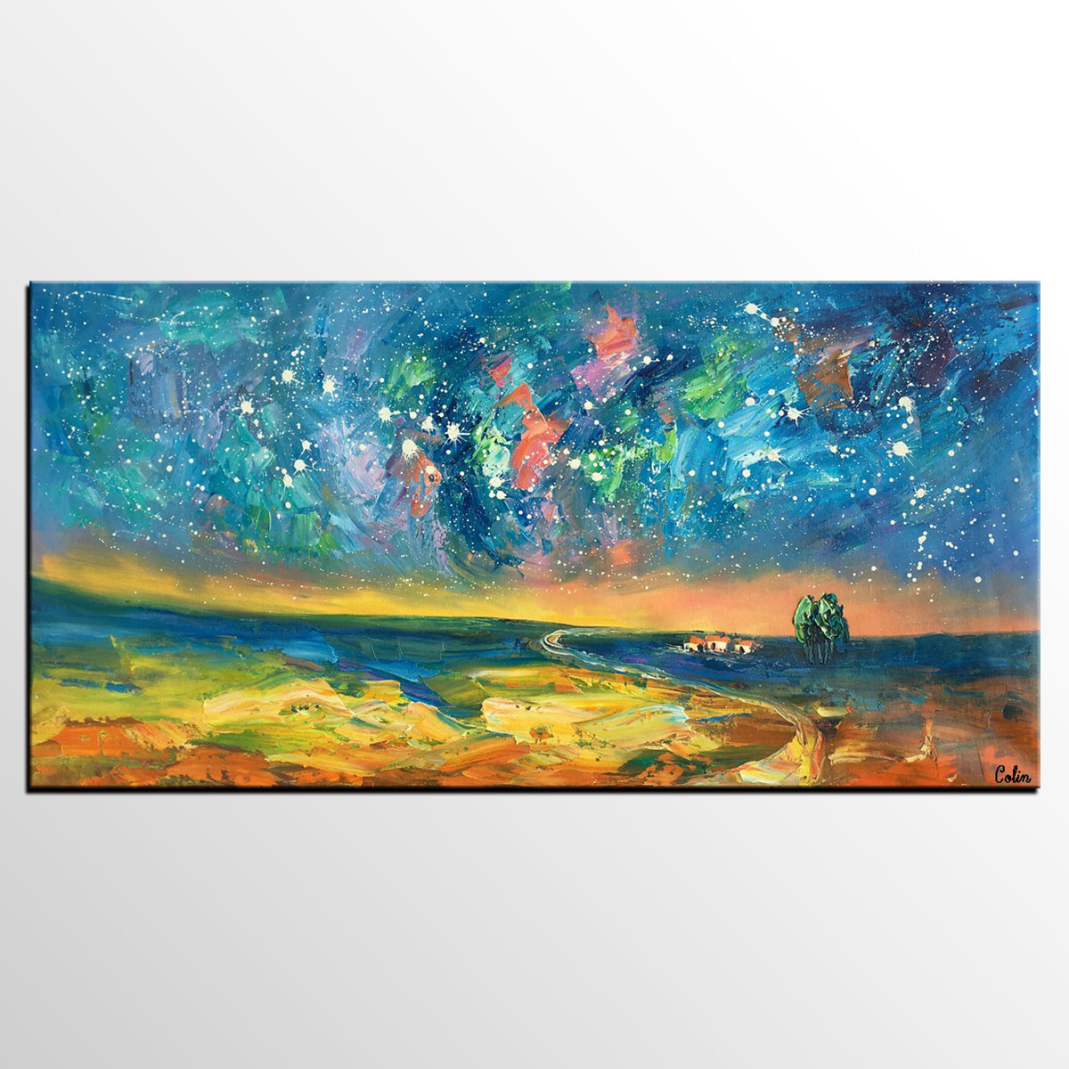 Abstract Landscape Paintings, Starry Night Sky Oil Painting, Landscape Canvas Paintings, Custom Original Oil Painting on Canvas-HomePaintingDecor